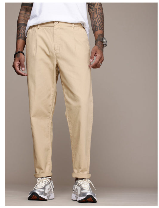 The Life co. Men Pure Cotton Relaxed Fit Plated Trousers-Beige-30435303