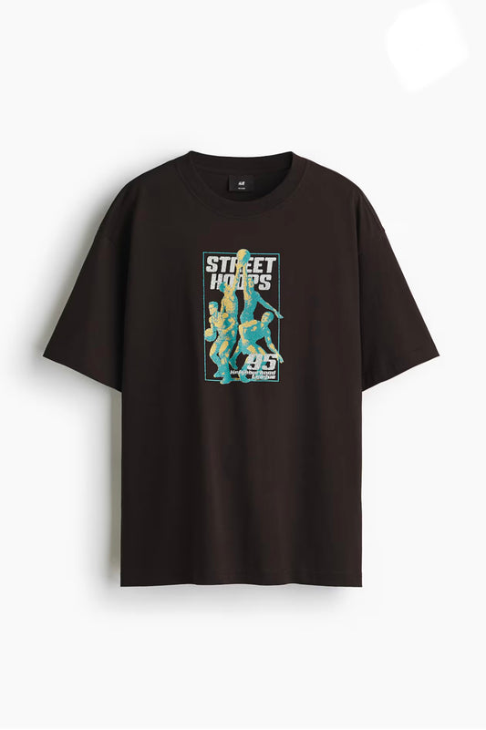 LOOSE FIT PRINTED T-SHIRT -Brown/Street hoops -0967955169