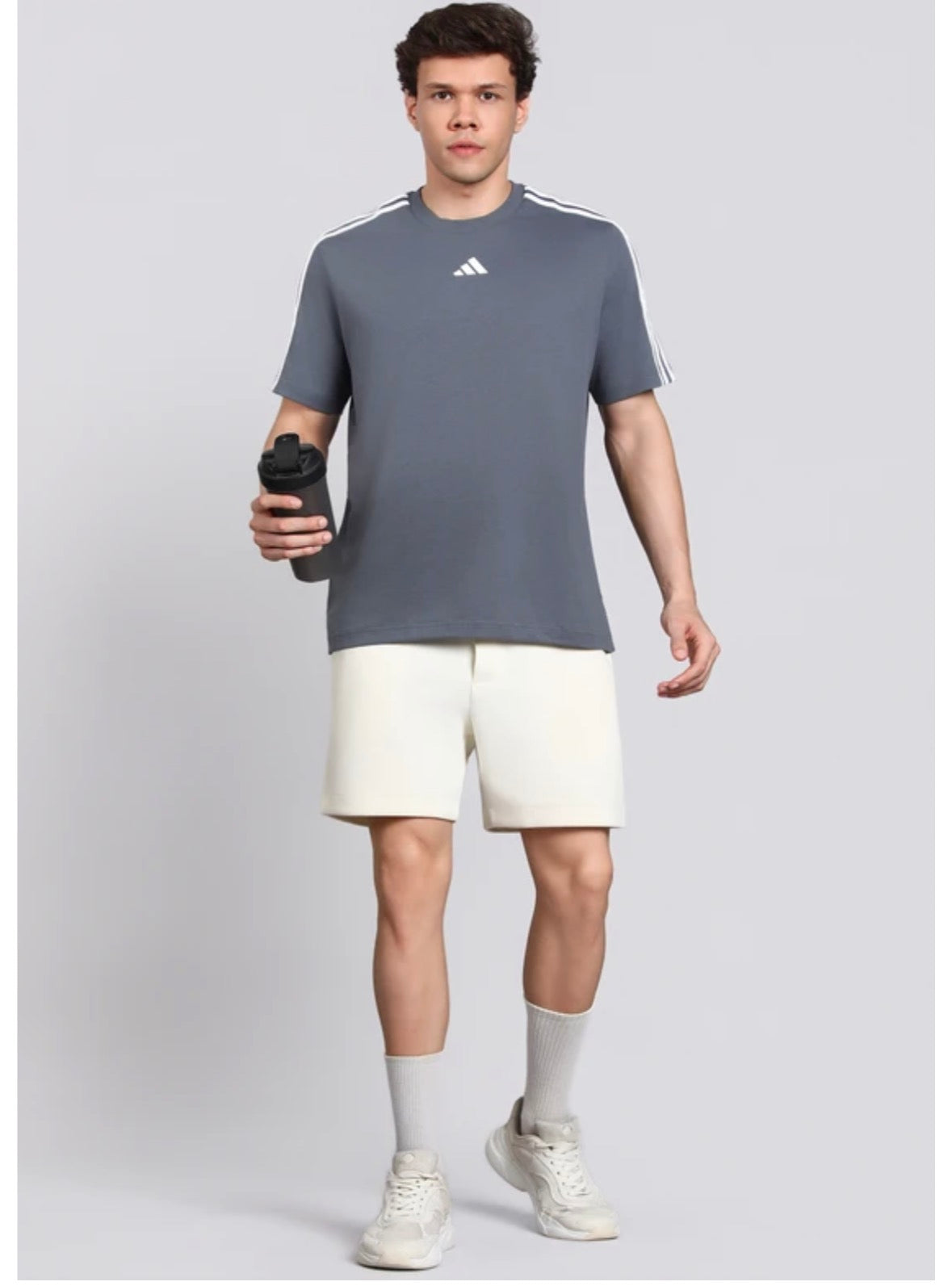Adidas Striped Screw Neck Pure Cotton dark Grey T-Shirt-Kg9441