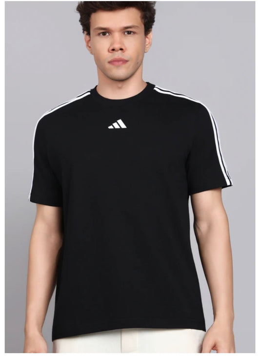 Adidas Men Striped Crew Neck Pure Cotton Black T-Shirts-kg9440