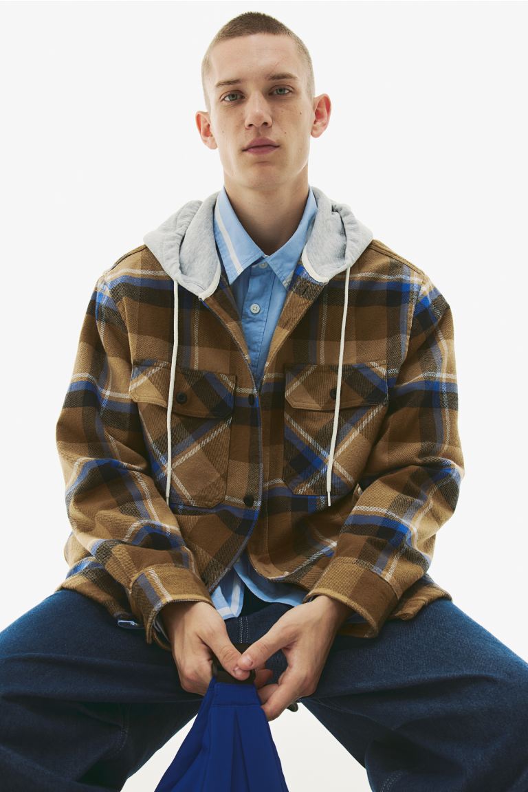 Relaxed Fit Hooded overshirt Beige/Blue -1194342003