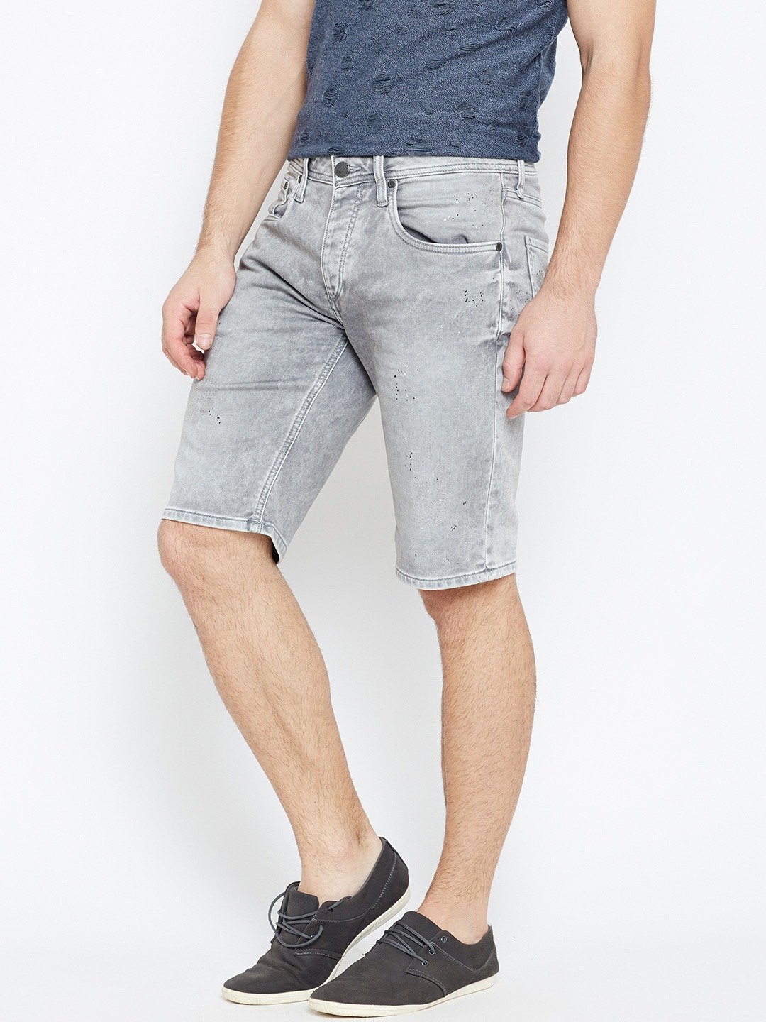 Men Grey Washed Regular Fit Denim Shorts-1964530003 - Discount Store