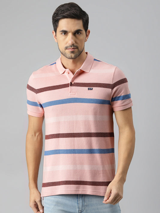 Men Pink & Brown Pure Cotton Striped Polo Collar T-shirt-17474-0189