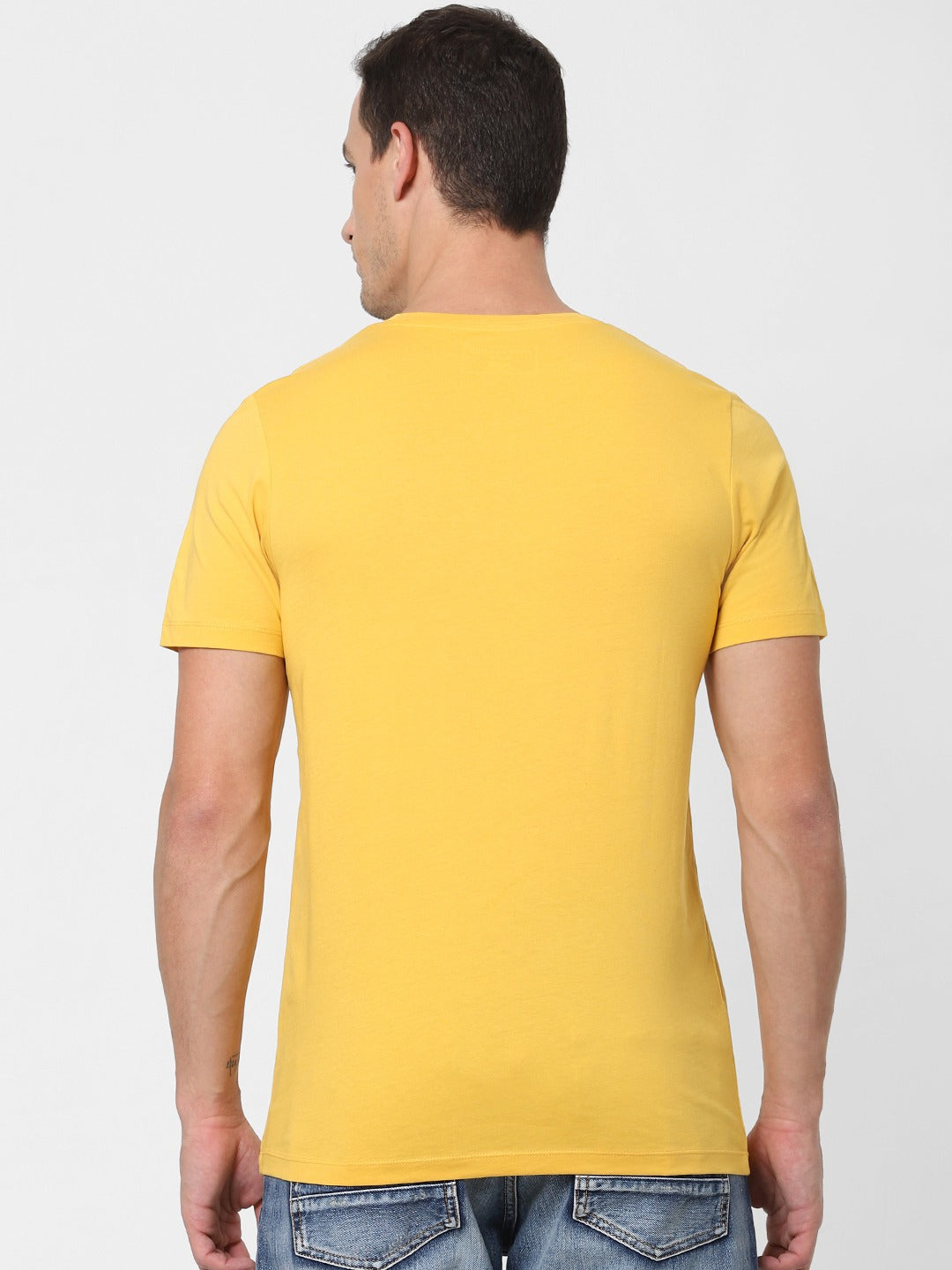 Jack Jones Men Mustard Yellow Printed Slim Fit Round Neck Sustainable Pure Cotton T-shirt-2118656018