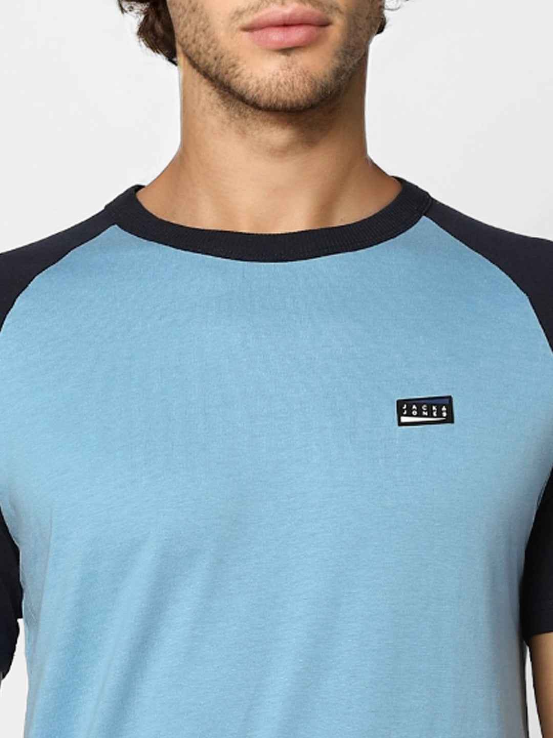 Jack Jones Men Blue Solid Slim Fit Round Neck Sustainable Pure Cotton T-shirt-2114988002