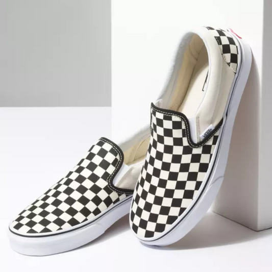 New of Black & Off-White Checked Classic Slip-On Sneakers