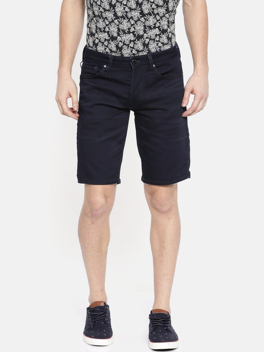 Men Navy Blue Solid Regular Fit Denim Shorts-2018425005 - Discount Store
