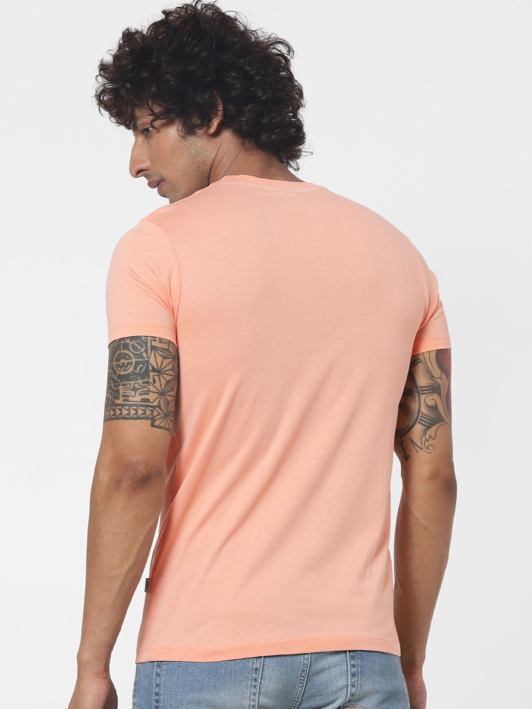 Jack Jones Men Peach-Coloured Solid Slim Fit Round Neck Pure Cotton T-shirt-2112447004