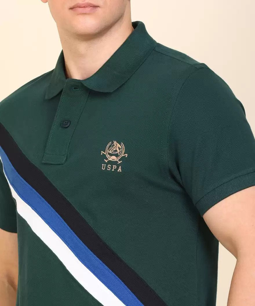 Color Block Men Polo Neck Dark Green T-Shirt-Ustsh0145