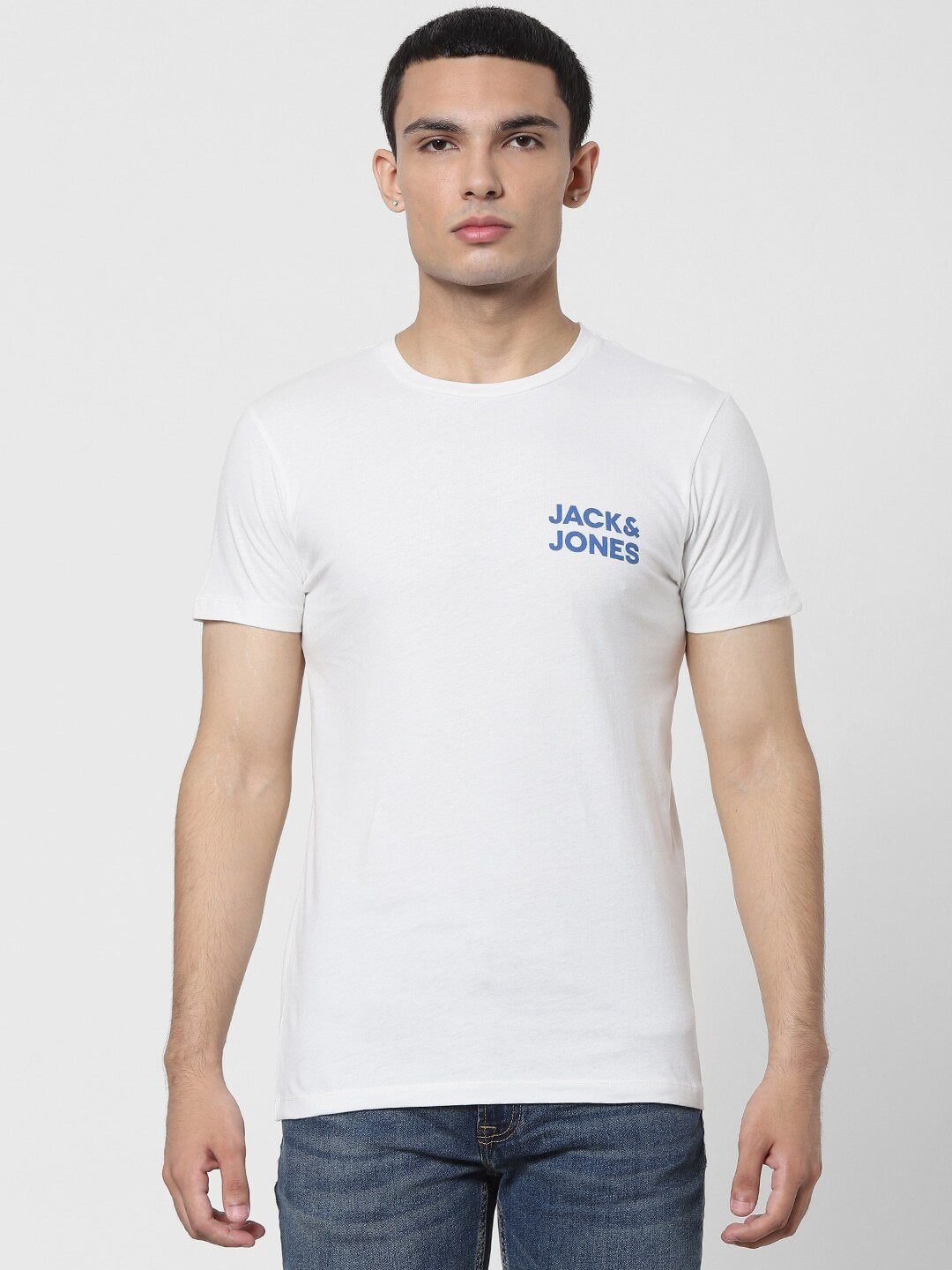 Jack Jones Men White Solid Round Neck Pure Cotton T-shirt With Printed Detailing-2422203015