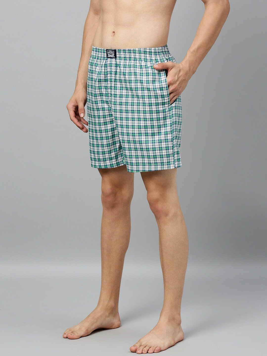 Men Navy Green & White Checked Boxers STYLE-024A MARSHMALLOW/ISLAND GREEN-300 ls-024