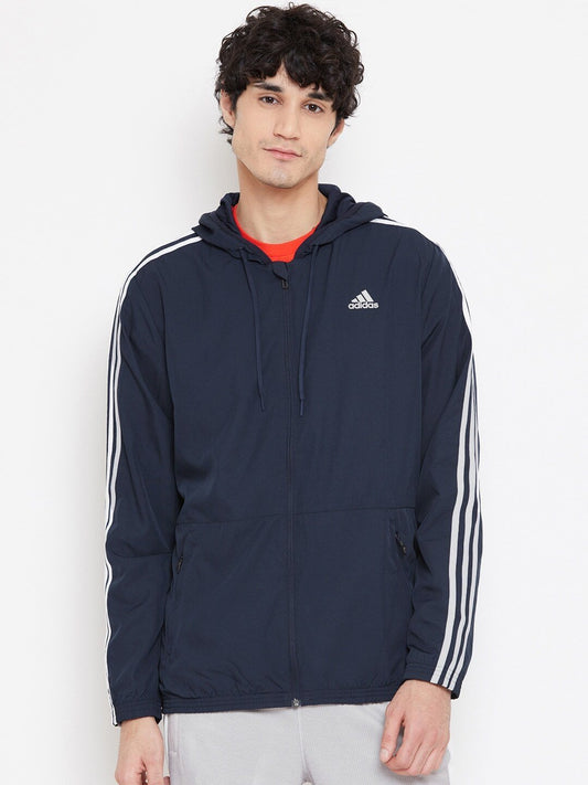 Men Navy Blue Solid Hooded Essentials Wind Jacket-EB4763