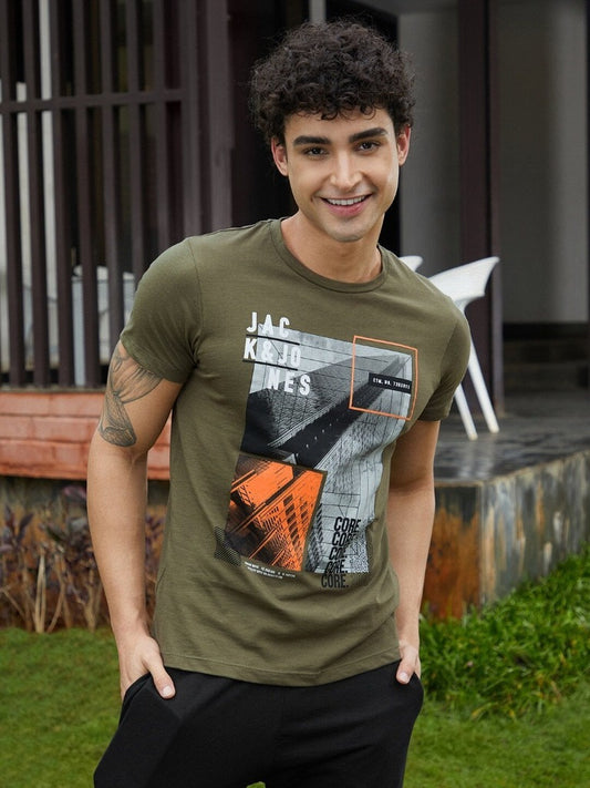 Men Olive Green Printed Slim Fit T-shirt-2502872003