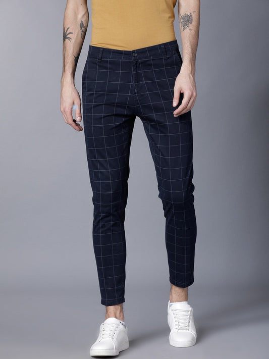 Men Navy Blue Slim Fit Checked Chinos-HLTR004102