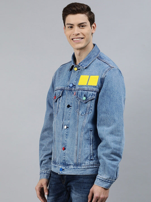 Men Blue Self Design Denim Jacket-77380-0023