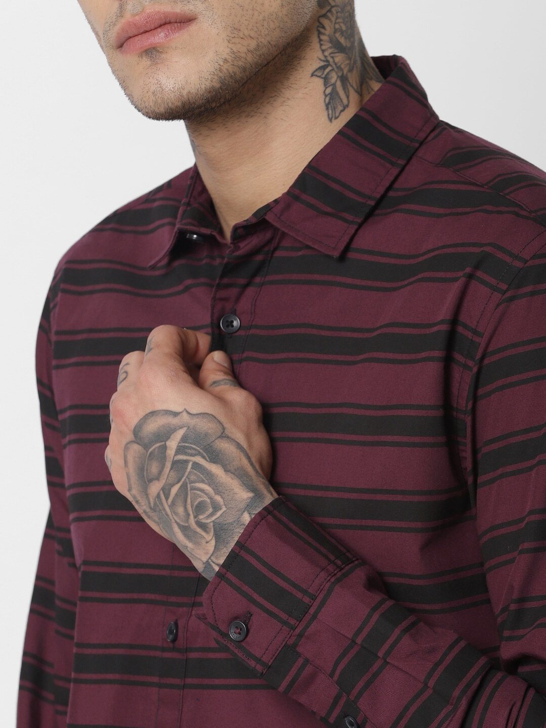 Men Burgundy & Black Regular Fit Striped Casual Shirt-2081411003 - Discount Store