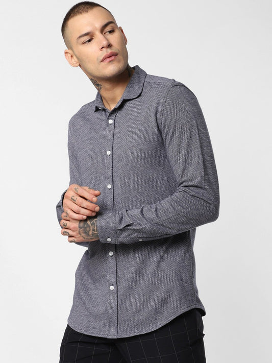 Men Navy Blue & White Slim Fit Self Design Casual Shirt-2080059002 - Discount Store