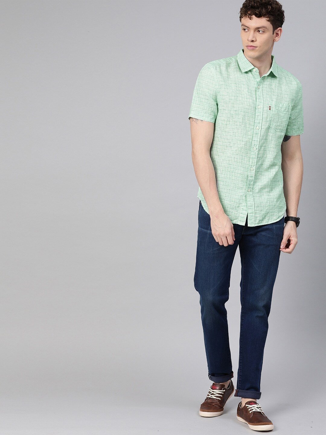 Men Green & White Regular Fit Checked Casual Shirt-28544-0086