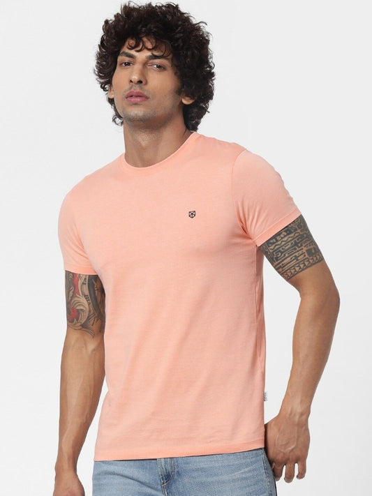 Jack Jones Men Peach-Coloured Solid Slim Fit Round Neck Pure Cotton T-shirt-2341239014