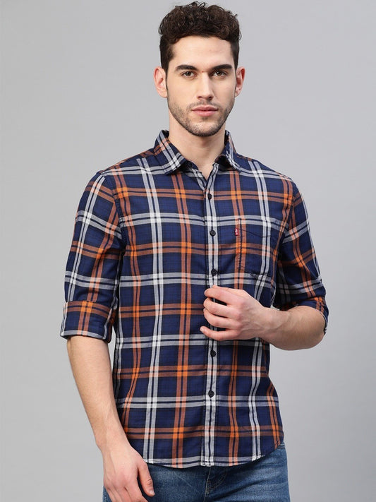 Men Navy Blue & Coral Orange Twill Weave Slim Fit Checked Casual Shirt-A1369-0007