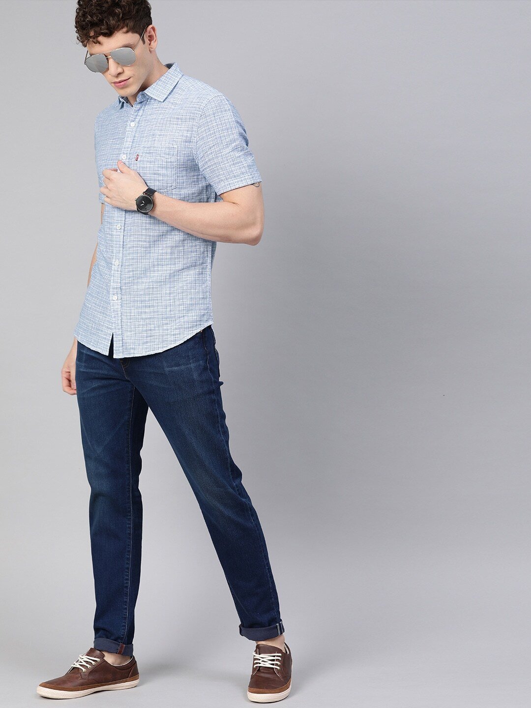 Men Blue & White Regular Fit Checked Casual Shirt-28544-0085