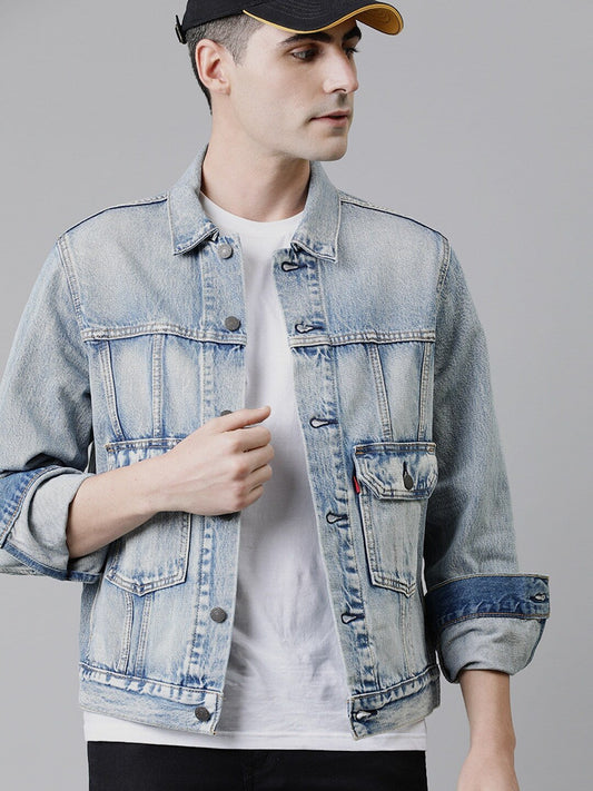 Men Blue Washed Denim Jacket-85240-0000