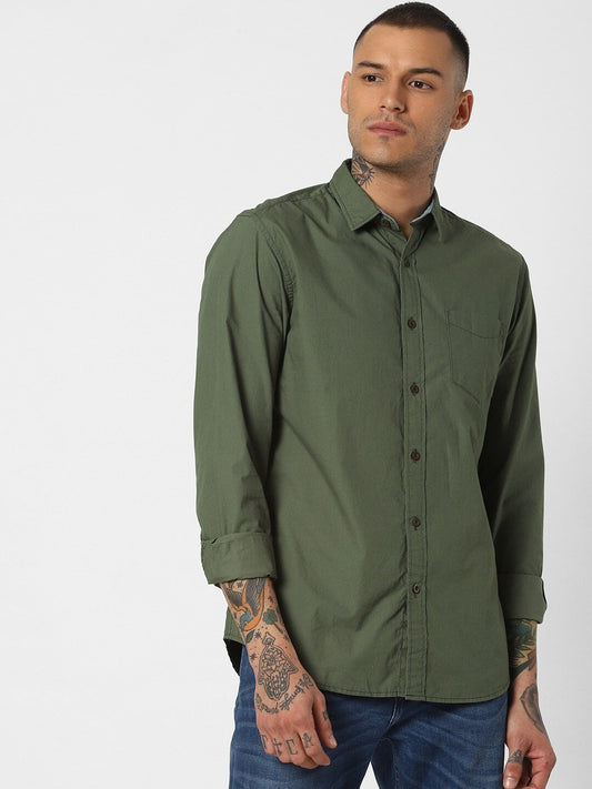Men Olive Green Slim Fit Solid Casual Shirt-2081406002 - Discount Store