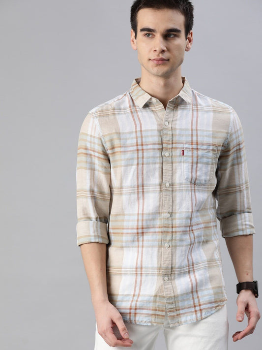 Men Grey & Brown Slim Fit Checked Casual Shirt-32874-0225