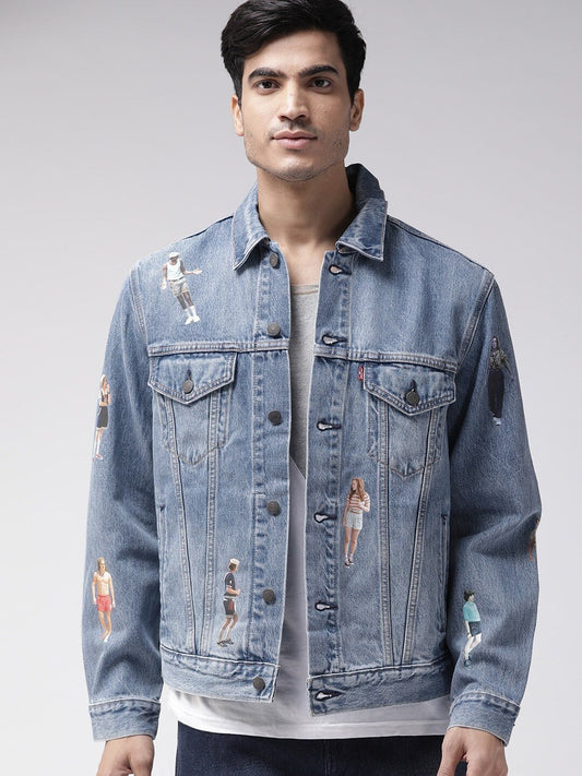 Men Blue Washed Denim Jacket-77380-0006