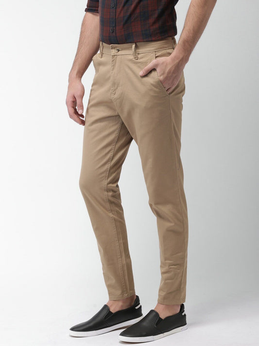 Men Khaki Tapered Fit Solid Chinos-HLTR003870