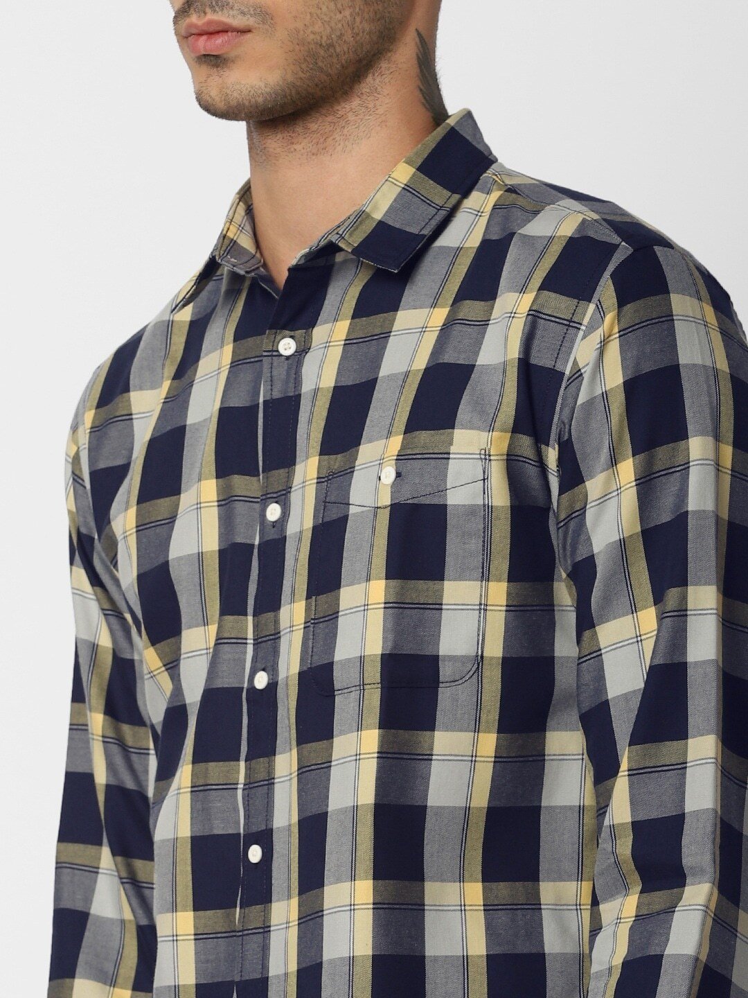 Men Yellow & Navy Blue Slim Fit Checked Casual Shirt-2081401010 - Discount Store
