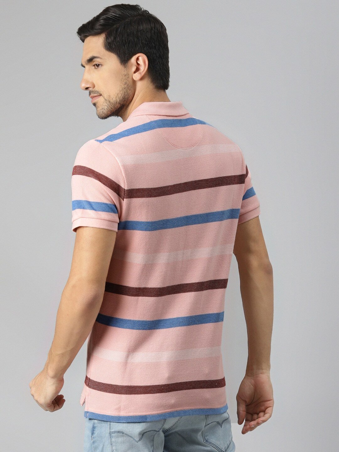Men Pink & Brown Pure Cotton Striped Polo Collar T-shirt-17474-0189