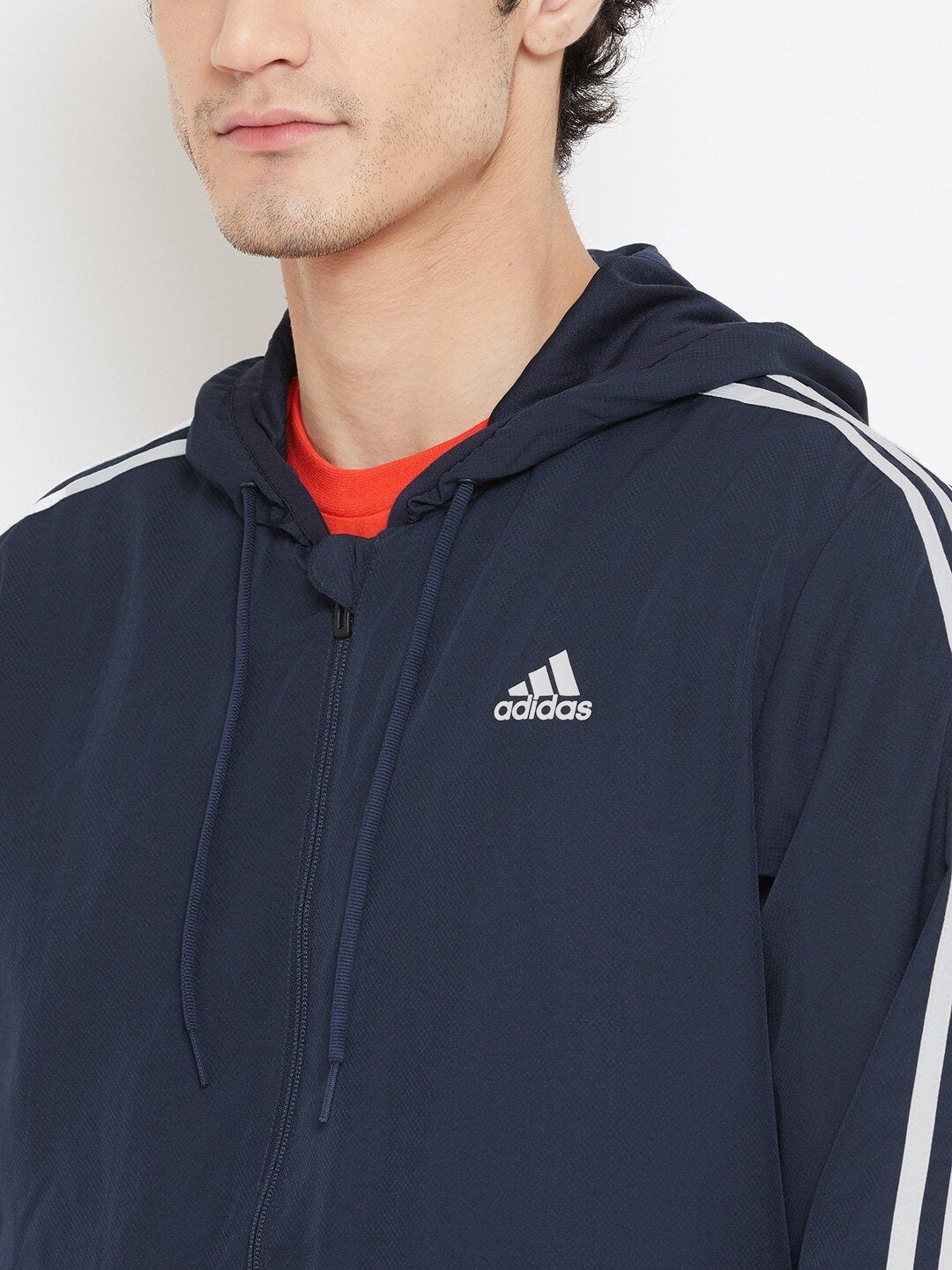 Men Navy Blue Solid Hooded Essentials Wind Jacket-EB4763