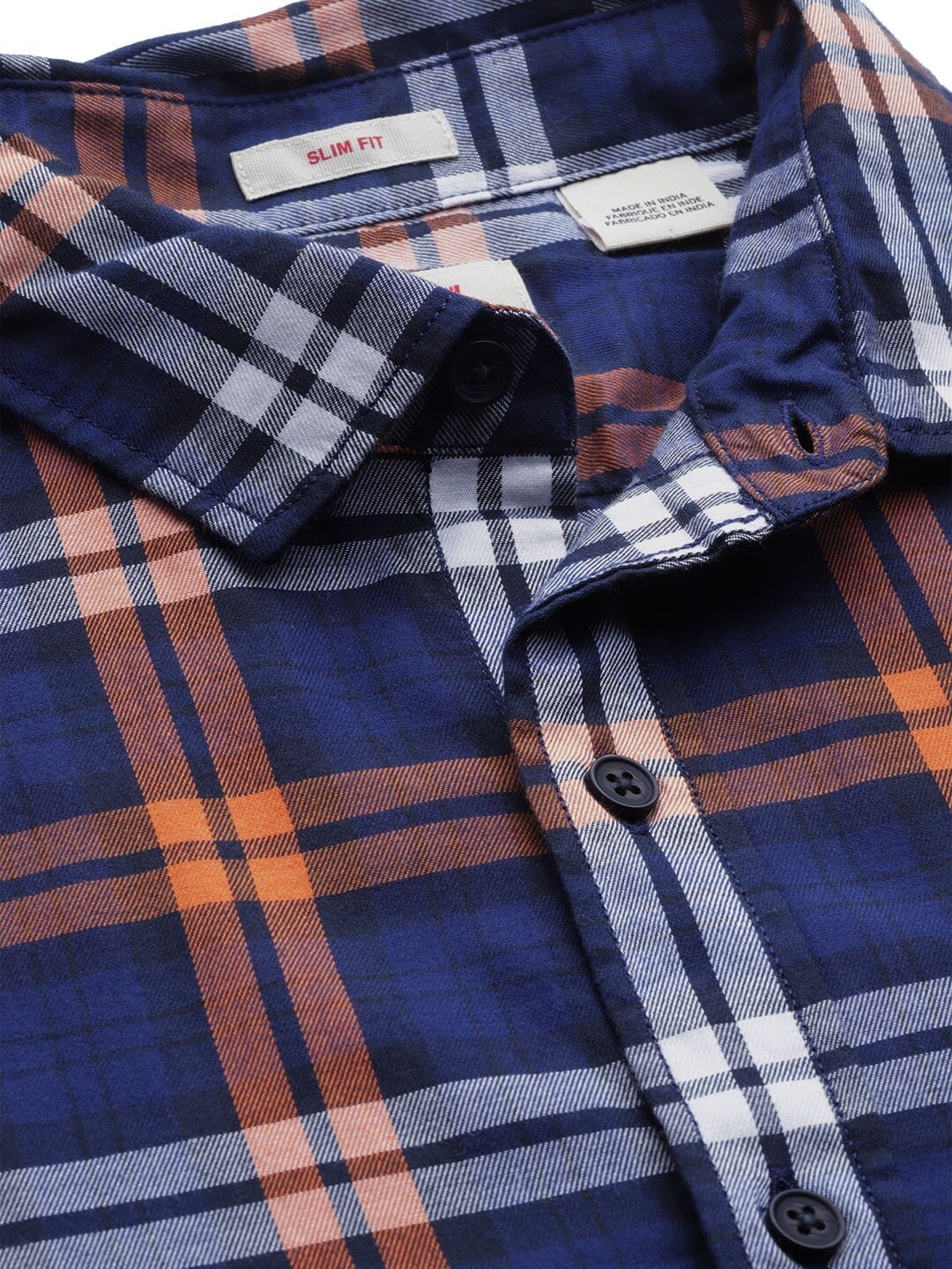 Men Navy Blue & Coral Orange Twill Weave Slim Fit Checked Casual Shirt-A1369-0007