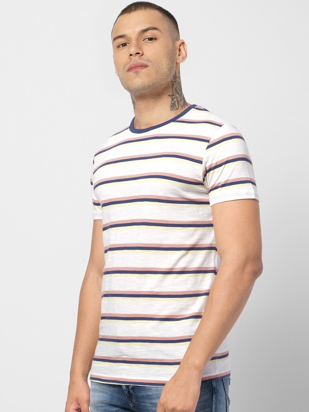 Jack Jones Men White Blue Striped Round Neck Pure Cotton T-shirt-2115740008