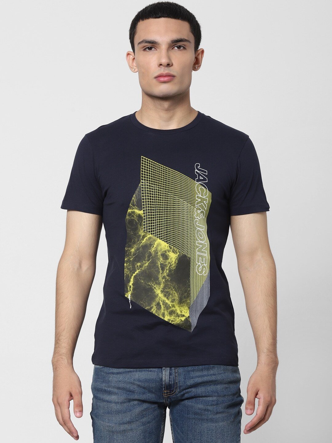 Jack Jones Men Navy Blue Yellow Printed Round Neck Pure Cotton T-shirt-2422197012