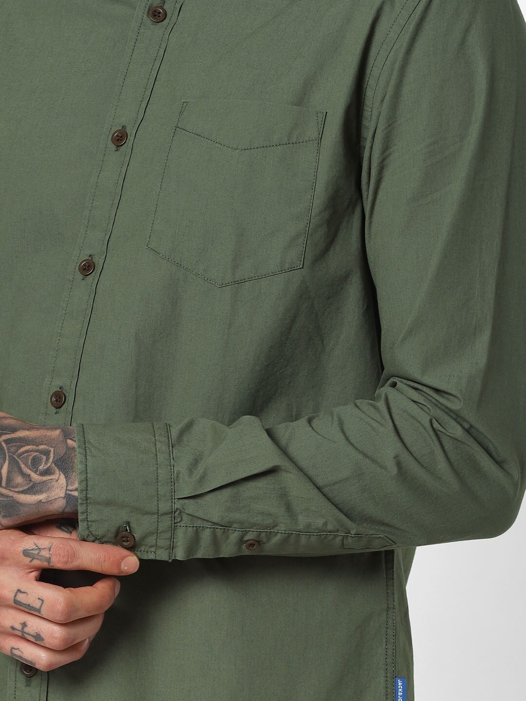 Men Olive Green Slim Fit Solid Casual Shirt-2081406002 - Discount Store