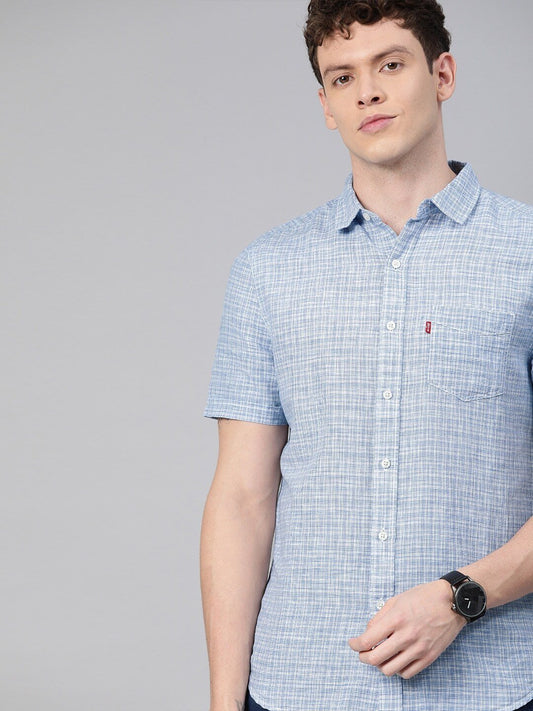 Men Blue & White Regular Fit Checked Casual Shirt-28544-0085