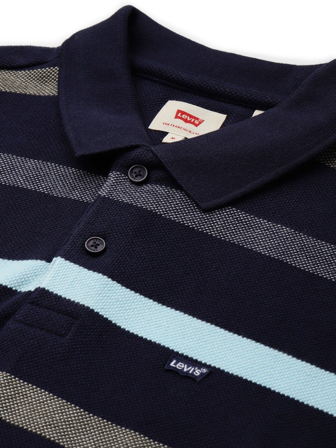 Men Navy Blue & Grey Striped Polo Collar T-shirt-17474-0188