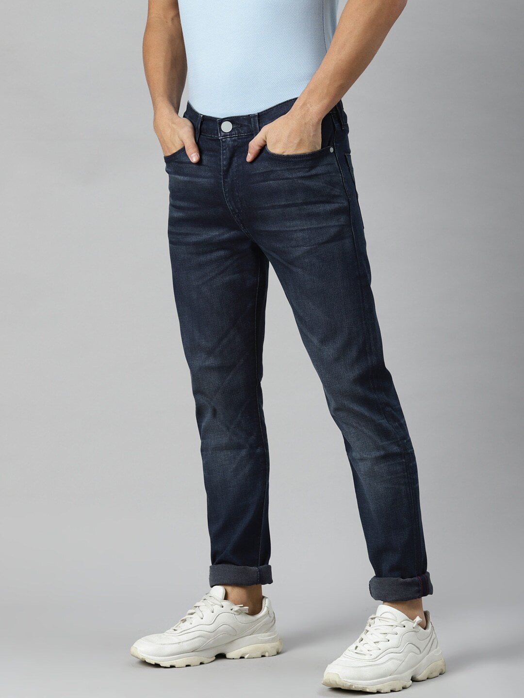 Men Navy Blue Slim Tapered Fit Light Fade Sustainable Stretchable Jeans-22405-0007