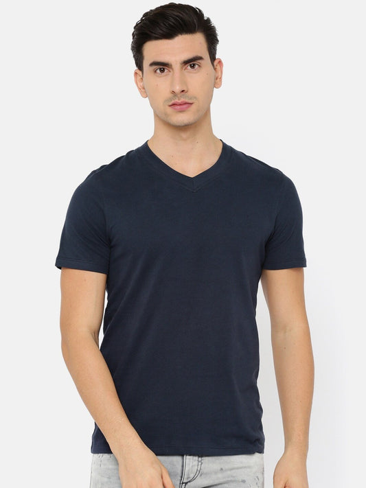 Men Navy Solid V-Neck T-shirt - Discount Store