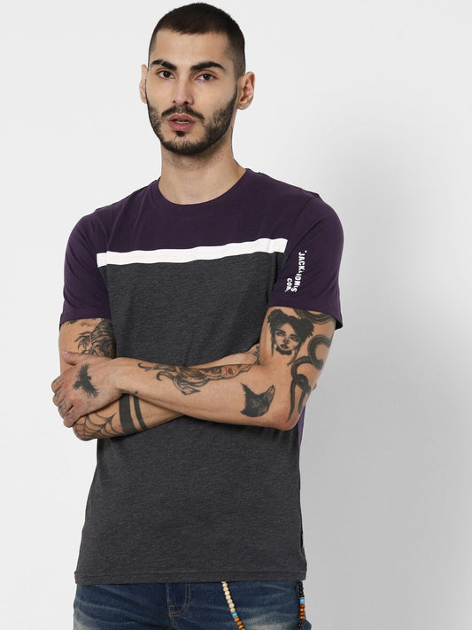 Men Purple & Charcoal Grey Colourblocked Polo Collar T-shirt - Discount Store