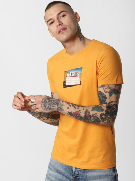 Men Mustard Yellow Printed Round Neck T-shirt