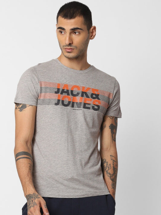 Men Grey Printed Round Neck T-shirt - Discount Store