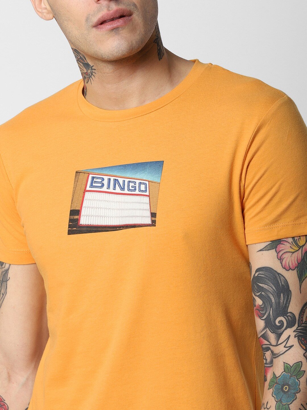 Men Mustard Yellow Printed Round Neck T-shirt