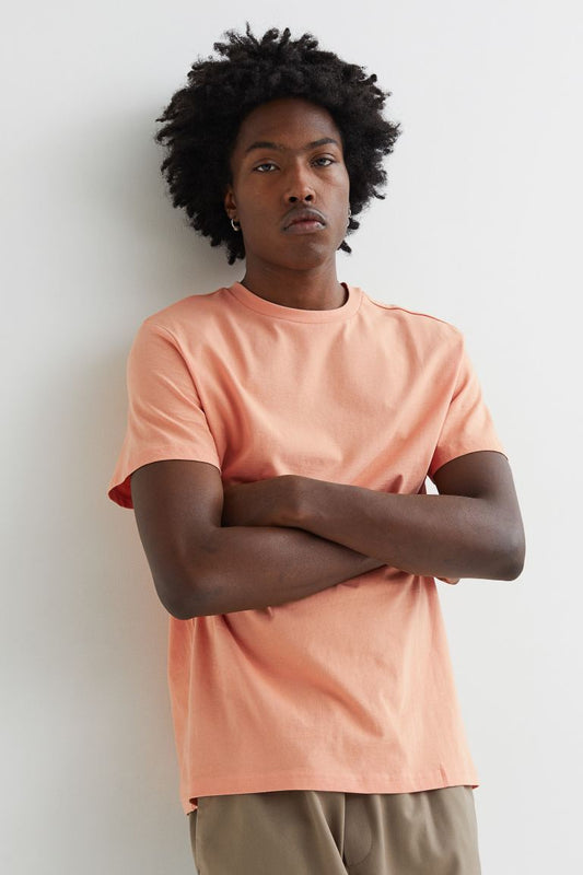 Regular Fit Round-neck T-shirt-Peach pink-0685816135