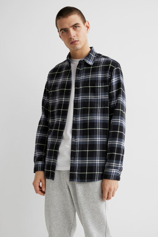 Regular Fit Flannel shirt-(Dark grey/Neon green)0964269009
