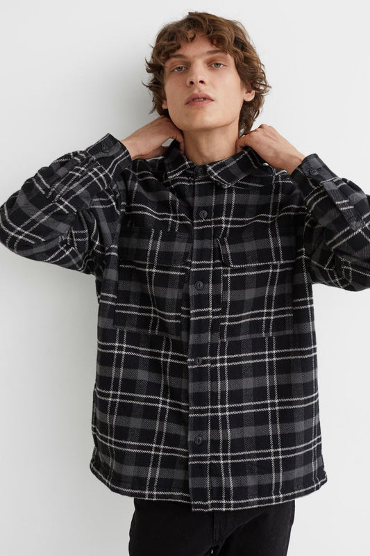 Teddy-lined cotton twill overshirt-(Dark grey/Black checked)1004145002
