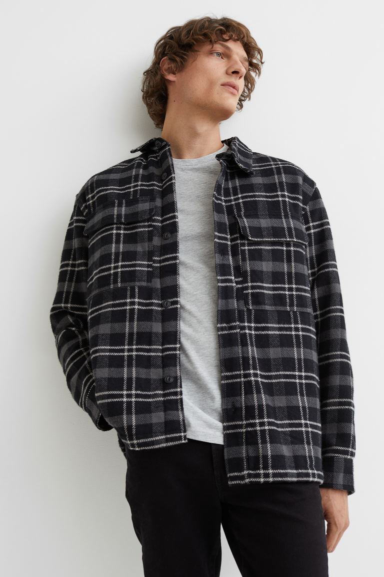 Teddy-lined cotton twill overshirt-(Dark grey/Black checked)1004145002