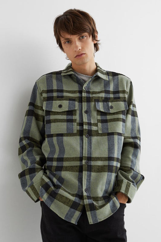 Twill overshirt-Khaki green/Checked-0875217025